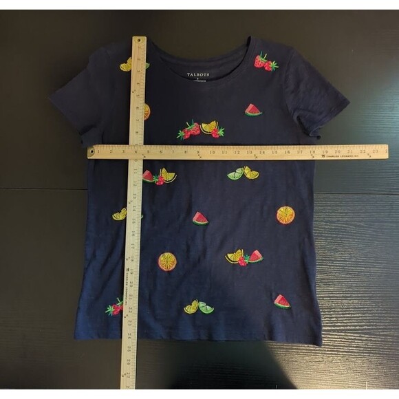 Talbots Tutti Frutti Navy Embroidered Beaded Fruit Print T-Shirt Women's Small - Picture 8 of 8